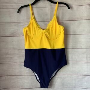 Beachsissi Yellow and Navy Blue One-Piece Swimsuit Scalloped Trim Size L